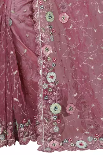 pink net saree with resham embroidery