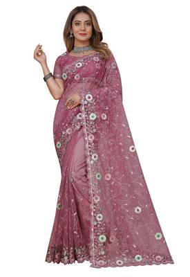 pink net saree with resham embroidery 5