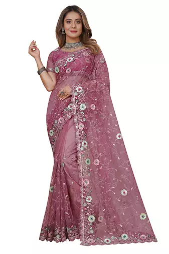 pink net saree with resham embroidery