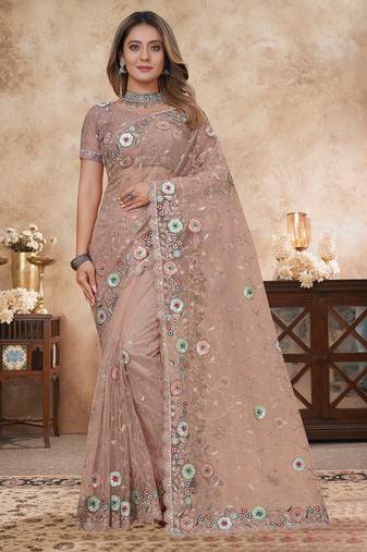 peach net saree with resham embroidery