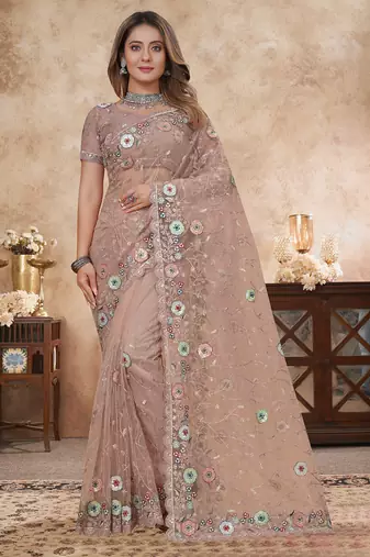 peach net saree with resham embroidery