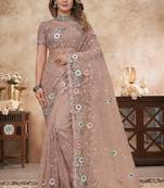 peach net saree with resham embroidery