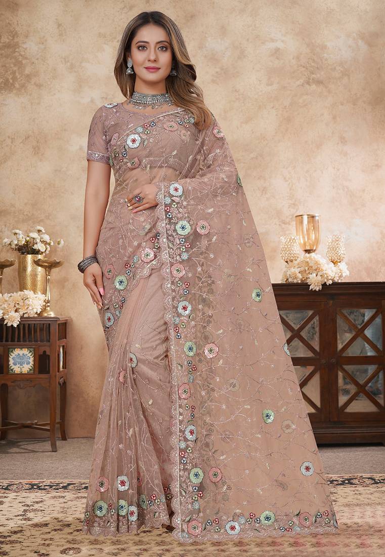 peach net saree with resham embroidery