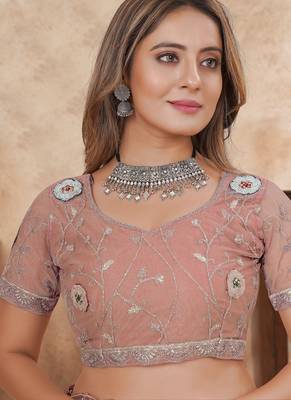 peach net saree with resham embroidery 2