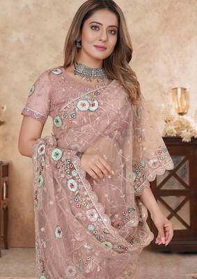 peach net saree with resham embroidery 3