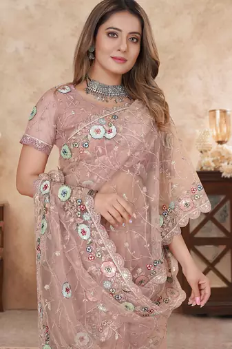peach net saree with resham embroidery