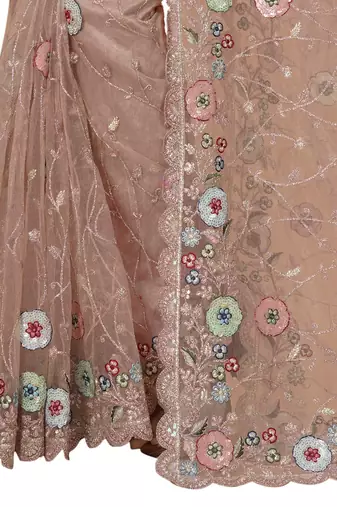 peach net saree with resham embroidery