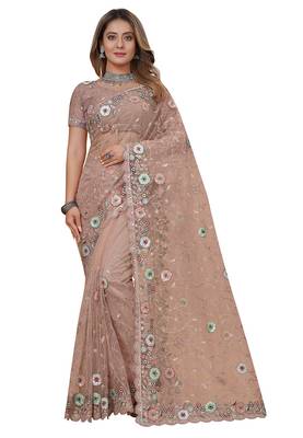 peach net saree with resham embroidery 5