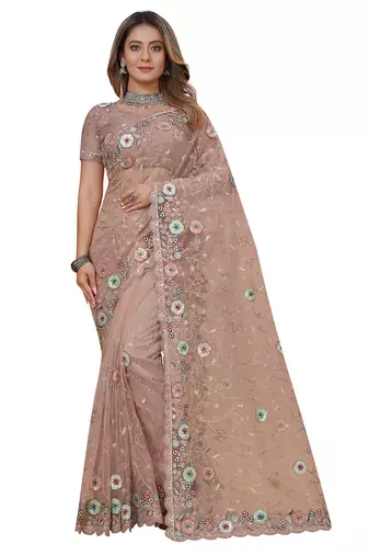 peach net saree with resham embroidery