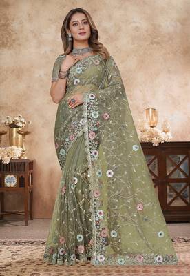 pista net saree with resham embroidery 1
