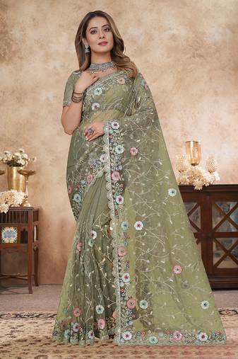 pista net saree with resham embroidery