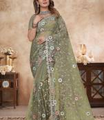 pista net saree with resham embroidery