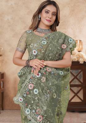 pista net saree with resham embroidery 3