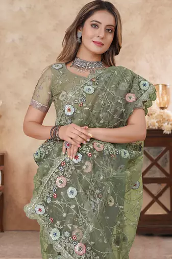 pista net saree with resham embroidery