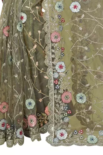 pista net saree with resham embroidery