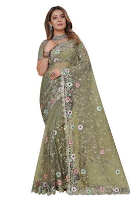 pista net saree with resham embroidery 5
