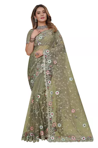 pista net saree with resham embroidery