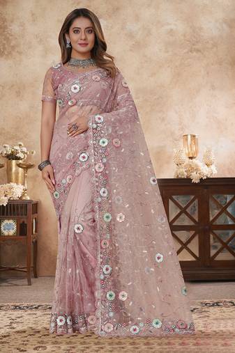 dusty pink net saree with resham embroidery