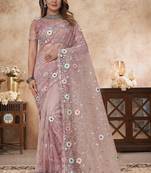 dusty pink net saree with resham embroidery