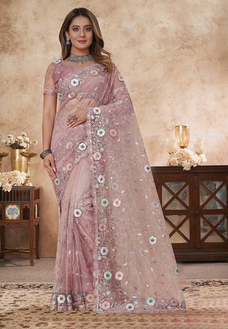 dusty pink net saree with resham embroidery