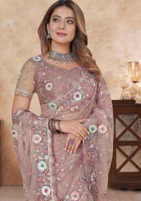 dusty pink net saree with resham embroidery 3