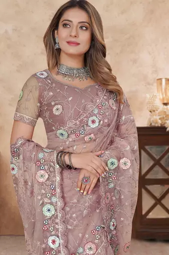 dusty pink net saree with resham embroidery