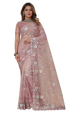 dusty pink net saree with resham embroidery 4