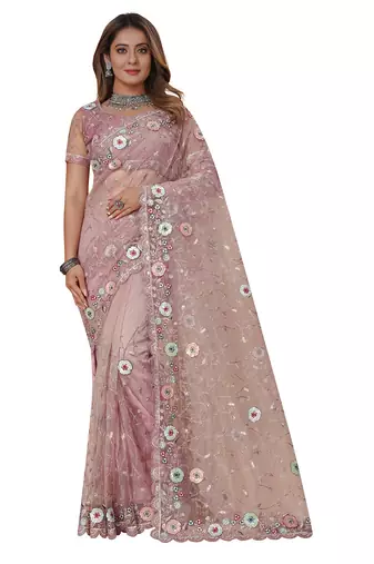 dusty pink net saree with resham embroidery