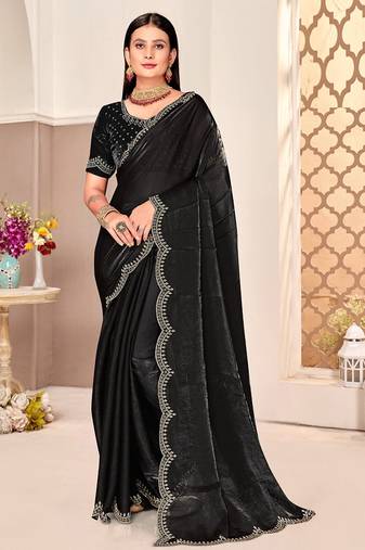 traditional indian black handwork zarkan border silk blend saree
