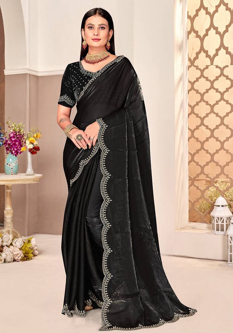 traditional indian black handwork zarkan border silk blend saree