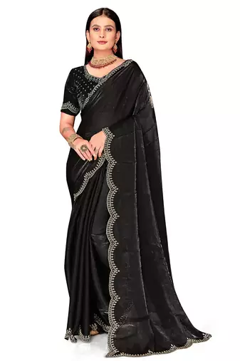 black silk saree with zarkan border work