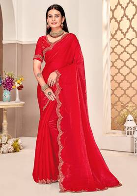 red silk saree with zarkan border work 1