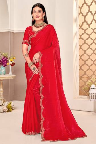traditional indian red handwork zarkan border silk blend saree