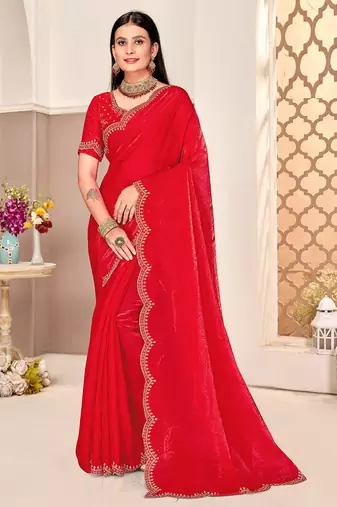 traditional indian red handwork zarkan border silk blend saree