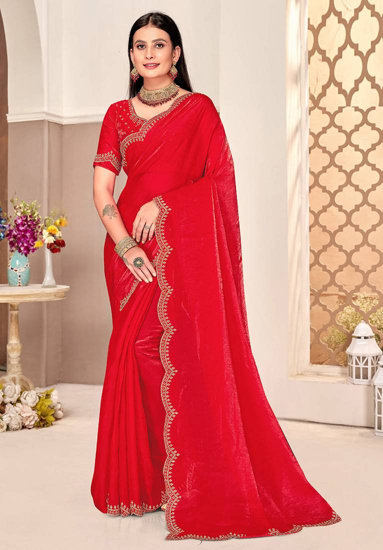 traditional indian red handwork zarkan border silk blend saree