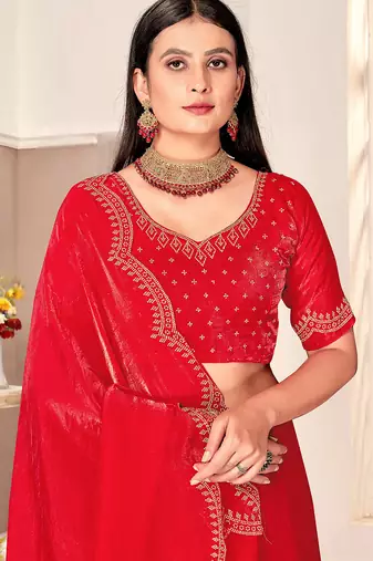 red silk saree with zarkan border work
