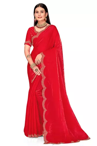 red silk saree with zarkan border work