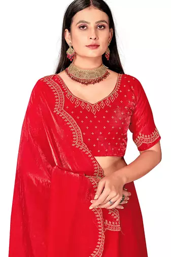 red silk saree with zarkan border work