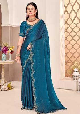 teal blue silk saree with zarkan border work 1
