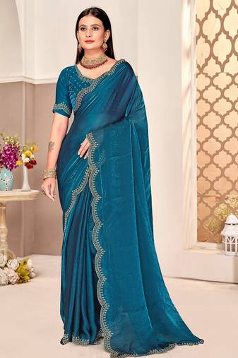 traditional indian teal blue handwork zarkan border silk blend saree
