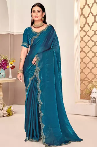 traditional indian teal blue handwork zarkan border silk blend saree