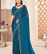 traditional indian teal blue handwork zarkan border silk blend saree