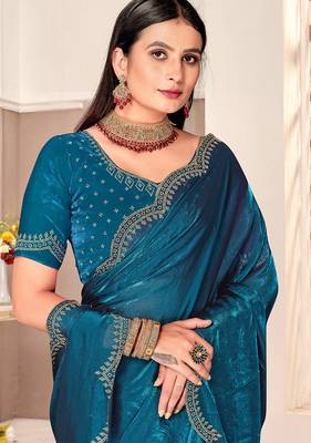 teal blue silk saree with zarkan border work 2