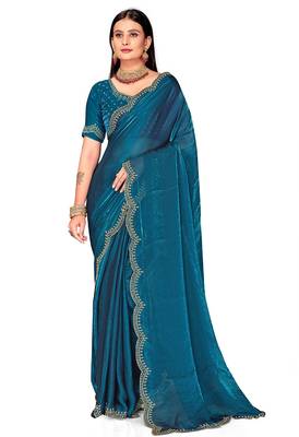 teal blue silk saree with zarkan border work 4