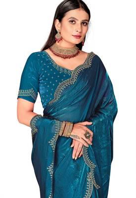 teal blue silk saree with zarkan border work 5