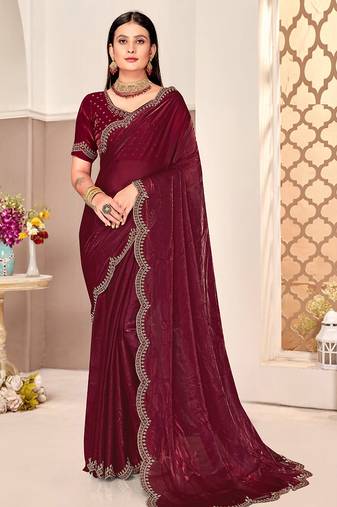 traditional indian wine handwork zarkan border silk blend saree