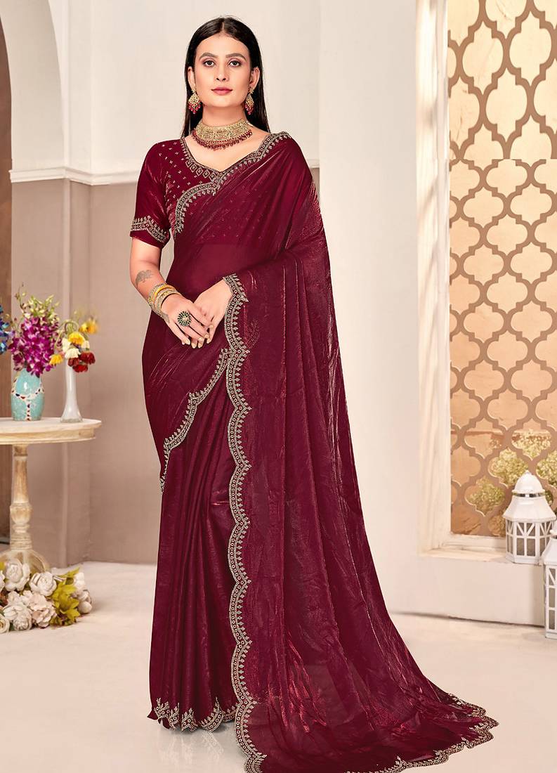 traditional indian wine handwork zarkan border silk blend saree