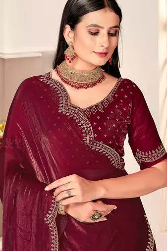 wine silk saree with zarkan border work