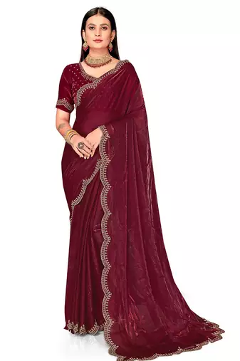 wine silk saree with zarkan border work