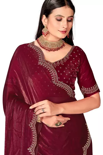 wine silk saree with zarkan border work